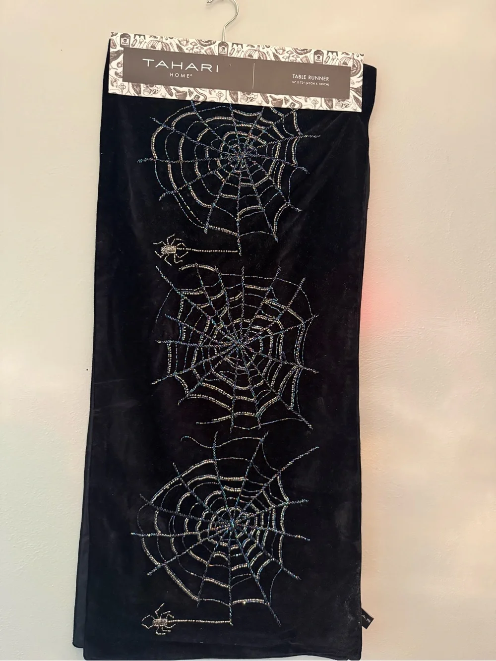 Tahari Black Velvet Table Runner with Beaded Spiderwebs